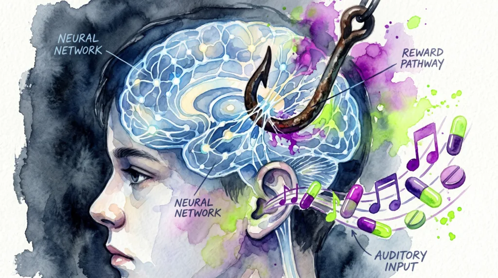 Ein glühendes Gehirn, das von einem Haken (Sucht) gefangen wird, während musikalische Noten in Pillenform eindringen.