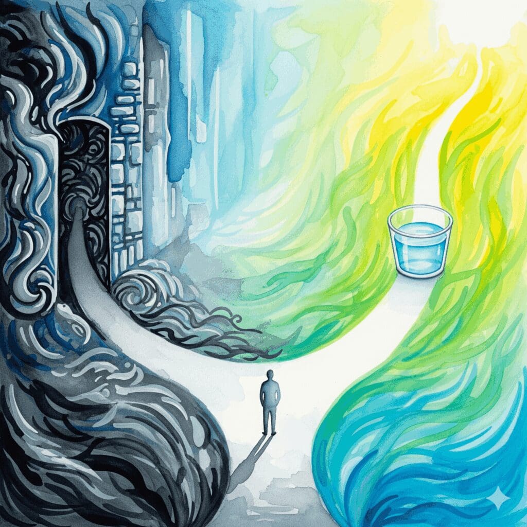 Symbolische Darstellung der Substitutionstherapie (z.B. mit Methadon) als Weg aus der Opioid-Sucht, dargestellt als heller Pfad in hoffnungsvollen, zerlaufenden Watercolor-Farben.