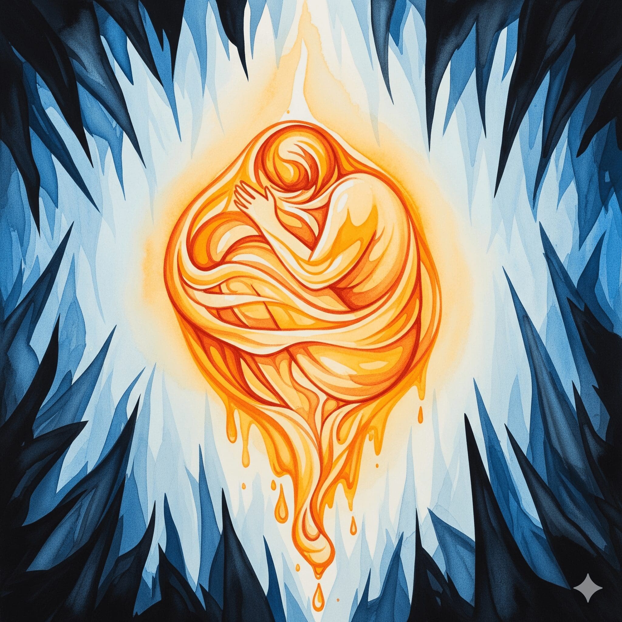 Künstlerische Darstellung der warmen, euphorischen Wirkung des Opioids Hydrocodon (Vicodin) in zerlaufenden Watercolor-Farben, die einen starken Kontrast zur kalten Außenwelt zeigt.