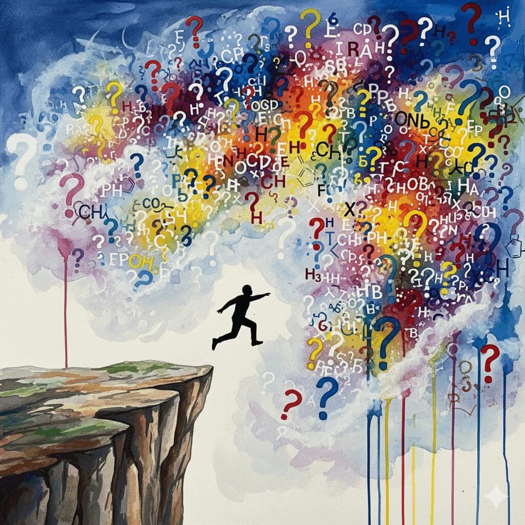 Symbolische Darstellung der unbekannten Langzeitfolgen von Legal Highs, gezeigt als eine Person, die in einen dichten Nebel springt.