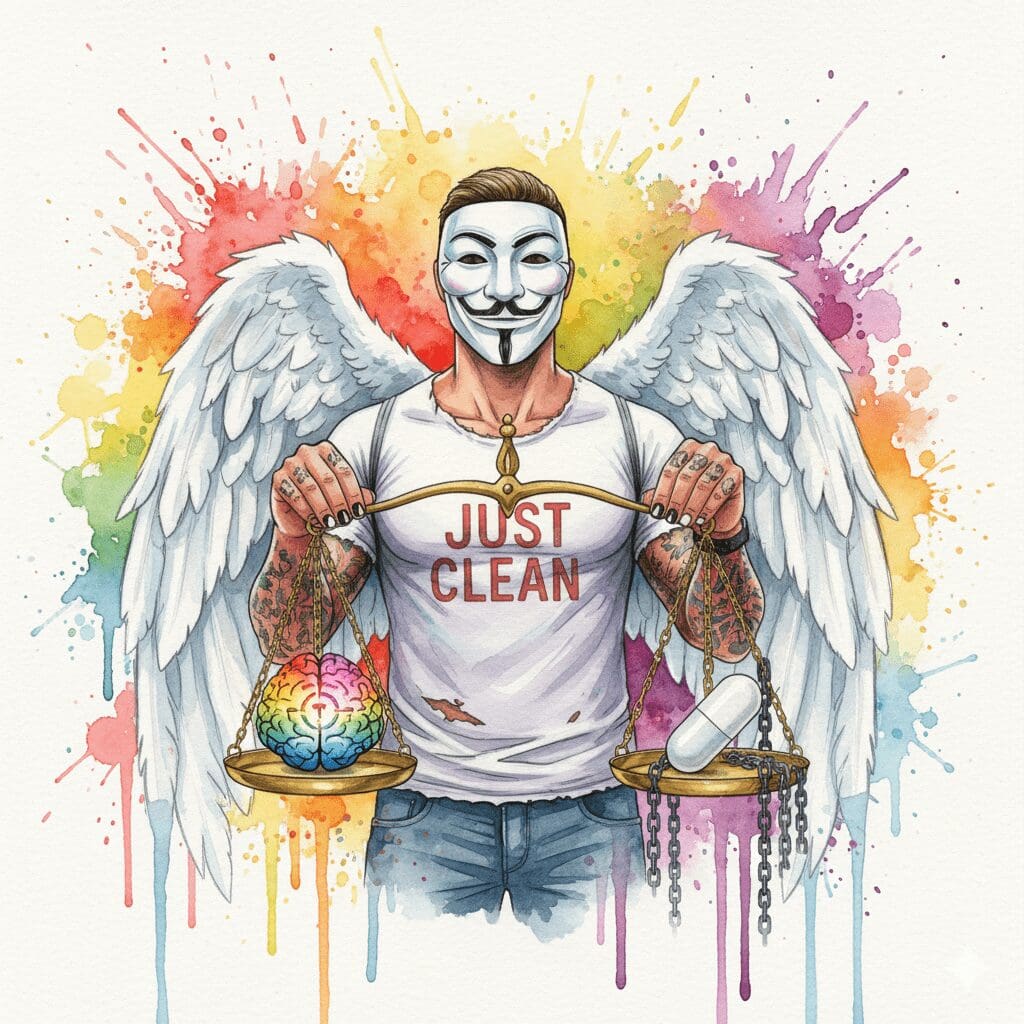 NeelixberliN-Figur hält eine Waage, die den Nutzen von Medikinet bei ADHS (Fokus) gegen die Risiken (Sucht) abwägt.