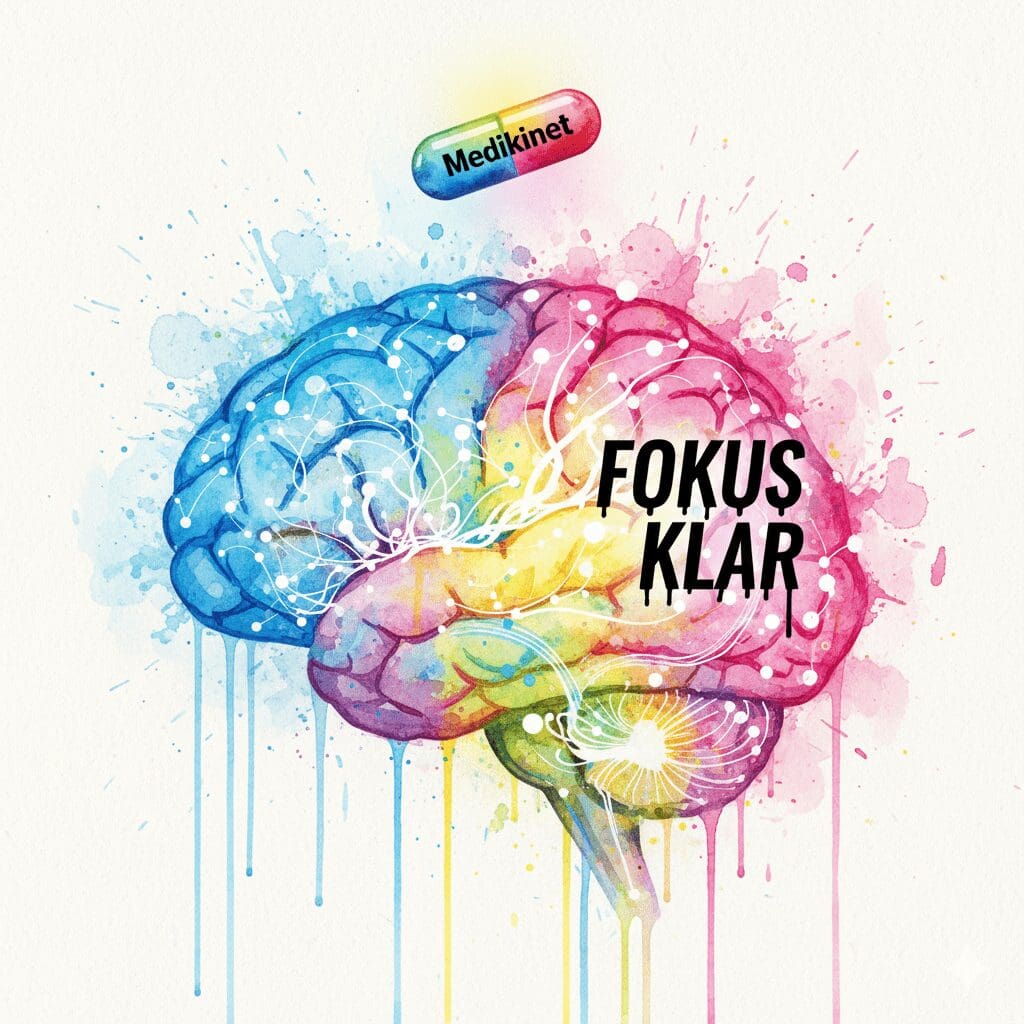 Künstlerische Darstellung der Wirkung von Medikinet bei ADHS, bei dem schwache neuronale Signale verstärkt und fokussiert werden.