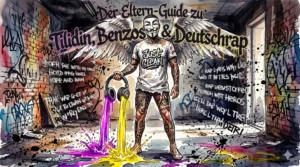 Die NeelixberliN Marken-Figur (Guy Fawkes Maske, Engelsflügel) hält Kopfhörer, aus denen bunte chemische Flüssigkeiten fließen. Symbol für den Einfluss von Rap auf Drogenkonsum.