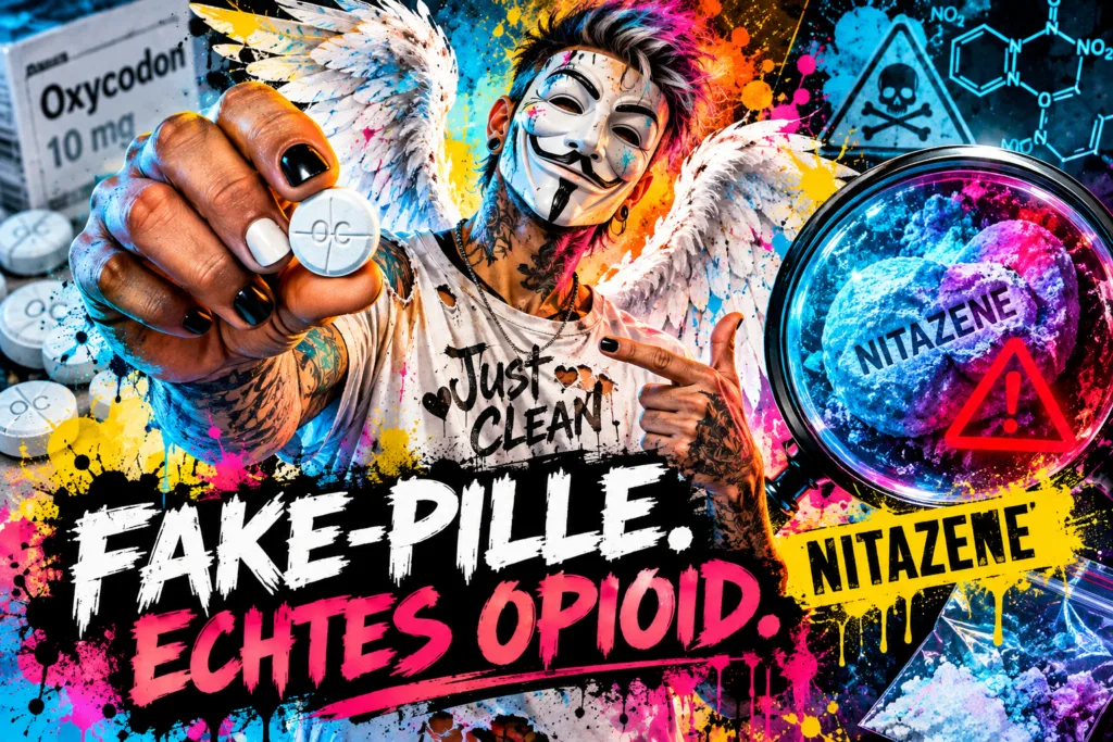 Watercolor-Infografik zu Nitazenen in Fake-Pillen und synthetischen Opioiden mit NeelixberliN-Figur, Warnsymbol und Oxycodon-Fälschung