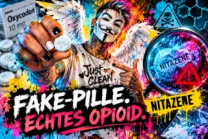 Watercolor-Infografik zu Nitazenen in Fake-Pillen und synthetischen Opioiden mit NeelixberliN-Figur, Warnsymbol und Oxycodon-Fälschung