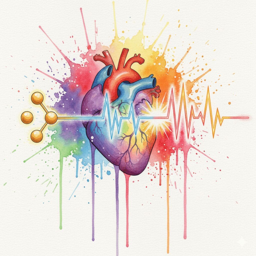 Symbolische Darstellung des Risikos von Herzrhythmusstörungen (QT-Zeit-Verlängerung) durch Noribogain und Ibogain.