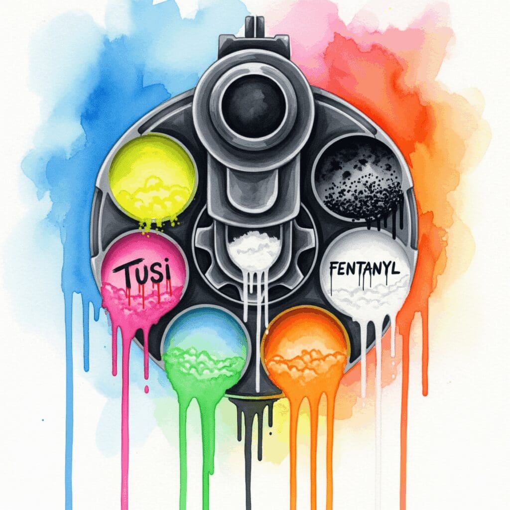 Symbolische Darstellung der unkalkulierbaren Gefahr von "Pink Cocaine" als russisches Roulette, bei dem jede Dosis eine andere, potenziell tödliche Zusammensetzung haben kann.