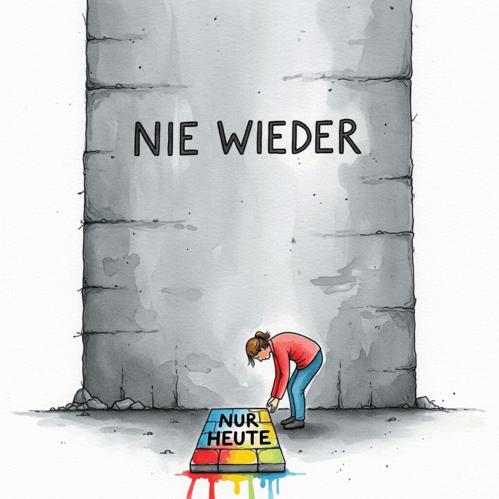 Eine Person legt einen bunten Stein mit der Aufschrift "NUR HEUTE" vor eine riesige graue Mauer mit der Aufschrift "NIE WIEDER", als Symbol für das "Ein Tag nach dem anderen"-Prinzip.