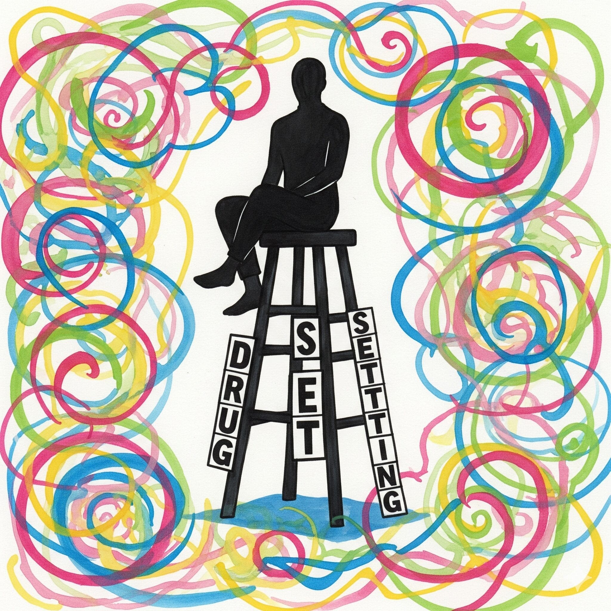 Künstlerische Darstellung des Konzepts von Drug, Set und Setting als stabiler, dreibeiniger Hocker, der Sicherheit beim Drogenkonsum symbolisiert.