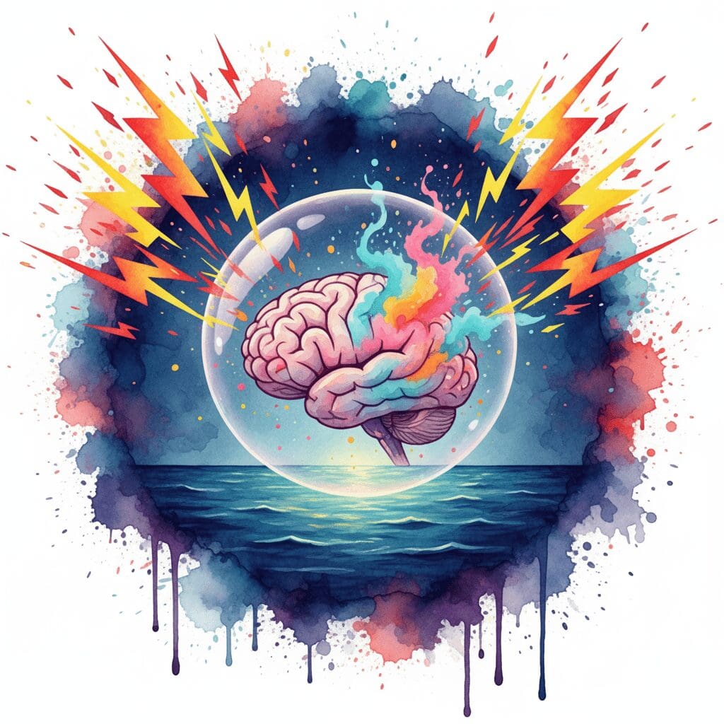 Künstlerische Darstellung eines Gehirns im Floating-Tank, das von äußeren Reizen abgeschirmt ist und beginnt, eigene Bilder zu produzieren.