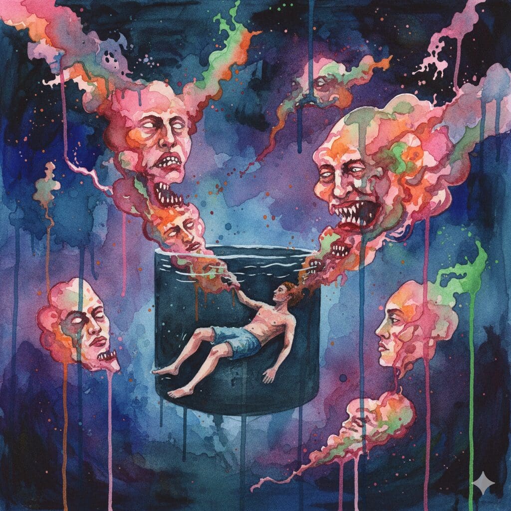 Symbolische Darstellung, wie sensorische Deprivation zur Konfrontation mit den eigenen inneren Ängsten und Gedanken führen kann.