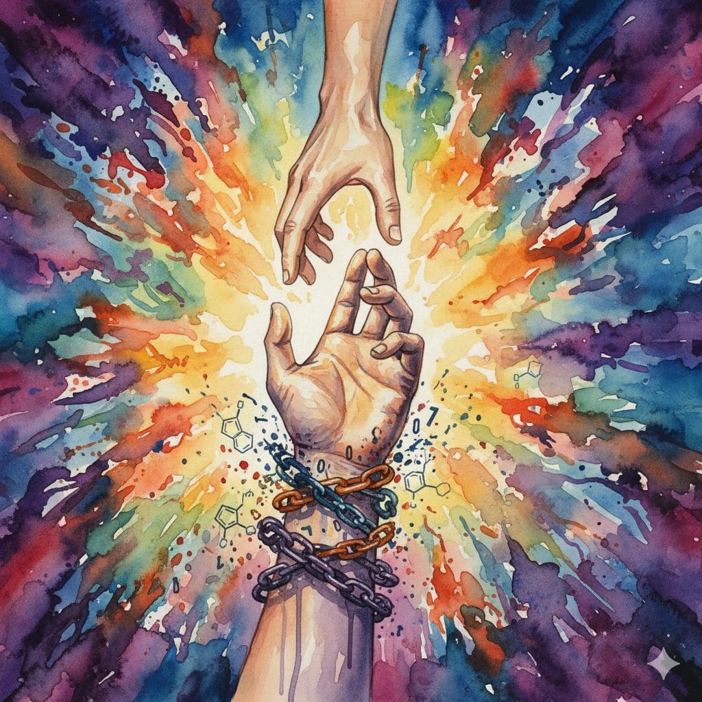 Symbolische Darstellung von Hilfe und Recovery bei Sexsucht, bei der eine helfende Hand die Ketten des Zwangs löst.