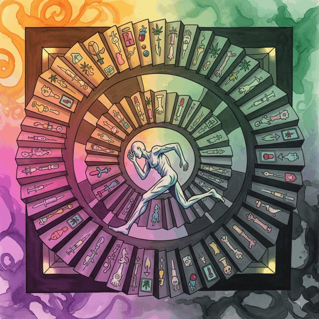 Symbolische Darstellung des Teufelskreises aus Amphetaminkonsum und zwanghafter Selbstbefriedigung als endlose Treppe.