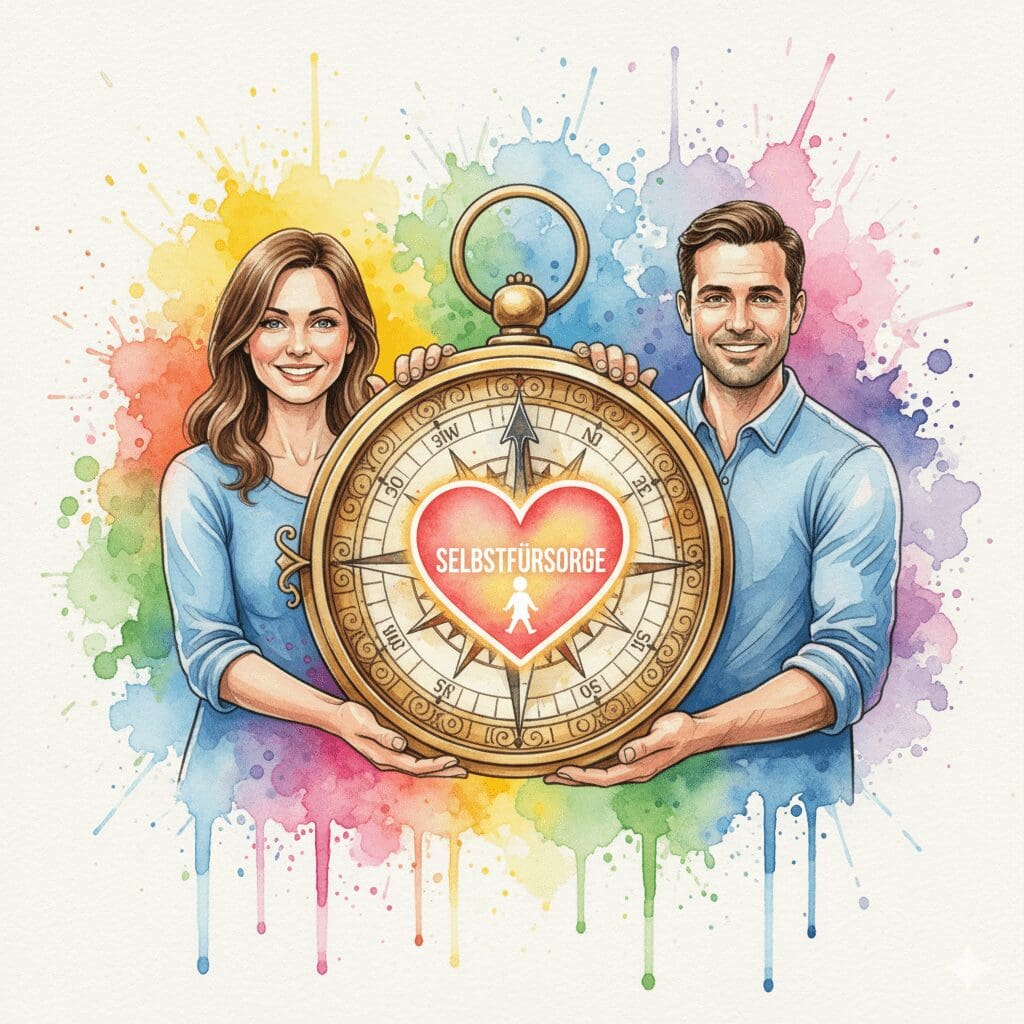 Ein Kompass in den Händen von Eltern, der auf Selbstfürsorge statt auf das Kind zeigt. Symbol dafür, dass Eltern sich zuerst um sich selbst kümmern müssen.