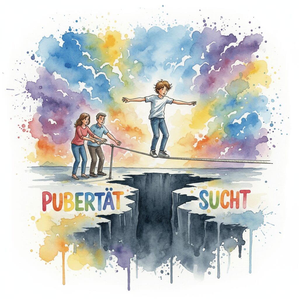 Ein Jugendlicher balanciert auf einem Drahtseil zwischen Pubertät und Sucht, als Symbol für die schwierige Situation der Eltern.
