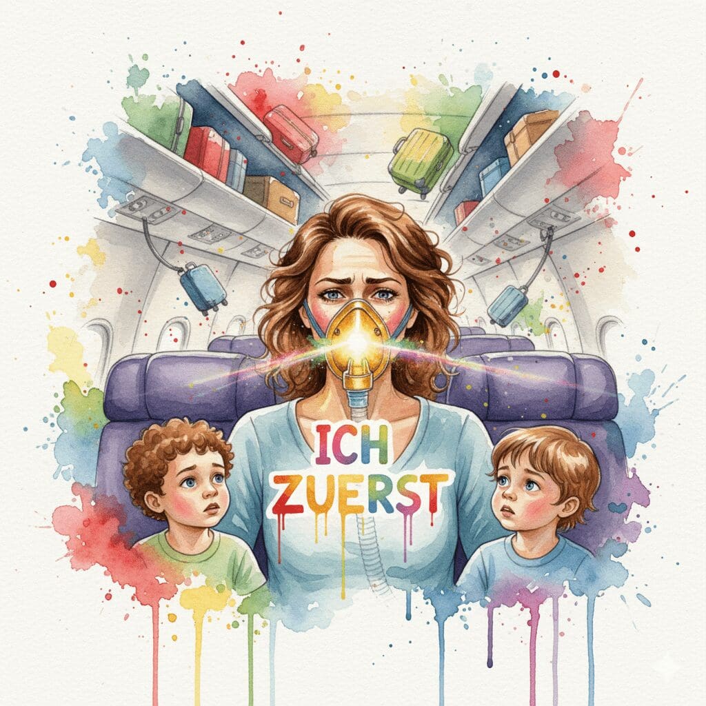 Eine Mutter, die sich im Flugzeug zuerst selbst die Sauerstoffmaske aufsetzt, als Metapher für die Notwendigkeit der Selbstfürsorge für Angehörige.