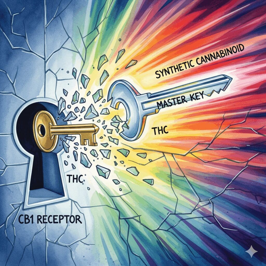 Symbolische Darstellung des Unterschieds zwischen THC (Teilagonist) und synthetischen Cannabinoiden (Vollagonist) am CB1-Rezeptor.