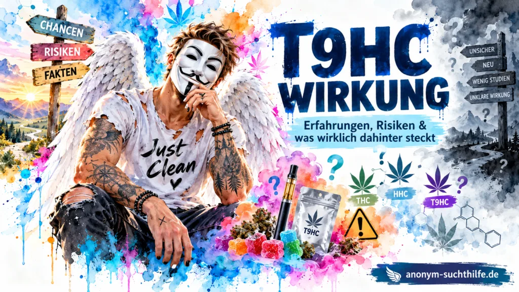 Titelbild zu T9HC Wirkung, Erfahrungen und Risiken mit Vergleich zu THC und HHC sowie Anonym-Suchthilfe-Markenfigur.