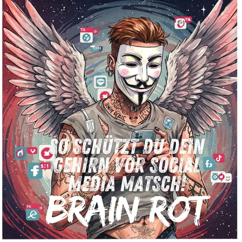 Bild in bunten lebendigen / realistischen Watercolor Farben. Ein sportlicher Mann mit Anonymous Maske. Er ist tätowiert,  hat schwarze und weiße lackierte Fingernägel und einen zerfranztes Hemd und Engelsflügel auf dem Rücken. Ein stylisches, jugendliches Bild oder eine Grafik, die das endlose Scrollen oder eine Person zeigt, die überfordert auf ihr Handy starrt. Keywords: Brain Rot, Social Media, Endloses Scrollen, TikTok Müdigkeit, Handy Überforderung
