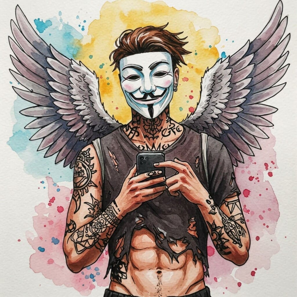 Bild in bunten lebendigen / realistischen Watercolor Farben. Ein sportlicher Mann mit Anonymous Maske. Er ist tätowiert,  hat schwarze und weiße lackierte Fingernägel und einen zerfranztes Hemd und Engelsflügel auf dem Rücken. Ein stylisches, jugendliches Bild oder eine Grafik, die das endlose Scrollen oder eine Person zeigt, die überfordert auf ihr Handy starrt. Keywords: Brain Rot, Social Media, Endloses Scrollen, TikTok Müdigkeit, Handy Überforderung