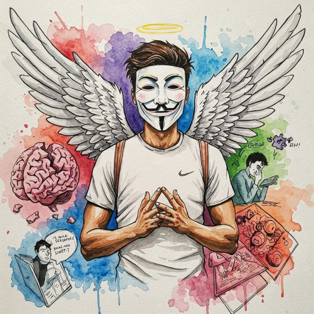 Bild in bunten lebendigen / realistischen Watercolor Farben. Ein sportlicher Mann mit Anonymous Maske. Er ist tätowiert,  hat schwarze und weiße lackierte Fingernägel und einen zerfranztes Hemd und Engelsflügel auf dem Rücken.  Eine Grafik oder ein Bild, das Konzentrationsschwierigkeiten symbolisiert (z.B. ein zersplittertes Gehirn-Puzzle, jemand der frustriert über Büchern sitzt) oder Stimmungsschwankungen darstellt. Keywords: Konzentrationsprobleme, Social Media Stress, Aufmerksamkeitsspanne, Mentale Gesundheit Jugend, Prokrastination