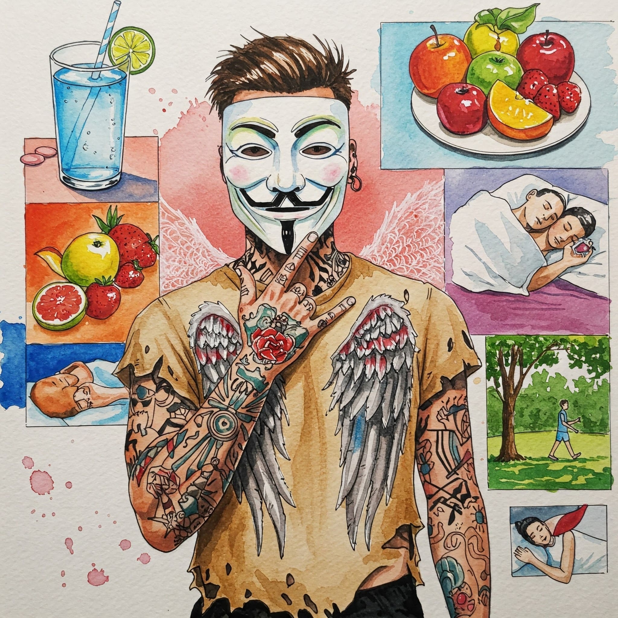 Collage oder Einzelbilder von gesunden Dingen: Glas Wasser, Obstteller, jemand schläft friedlich, Person beim Spaziergang im Park.

Keywords: Selbstfürsorge, Gesundes Essen, Wasser trinken, Ausreichend Schlaf, Erholung nach Party, Spaziergang Natur