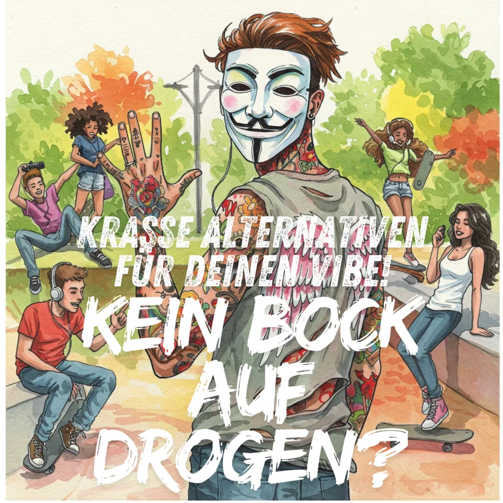 Ein dynamisches, positives Bild von Jugendlichen, die Spaß haben (z.B. lachen, skaten, Musik hören). KEINE Drogen oder negativen Darstellungen. Keywords: Jugendliche Spaß Alternativen, Leben ohne Drogen, positive Vibes