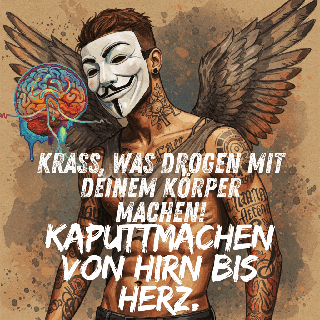 Empfehlung: Eine stilisierte Grafik, die zeigt, wie Drogen ins Gehirn eingreifen (z.B. Gehirn-Silhouette mit "Störsignalen"). Keine abschreckenden Bilder, eher informativ-abstrakt.