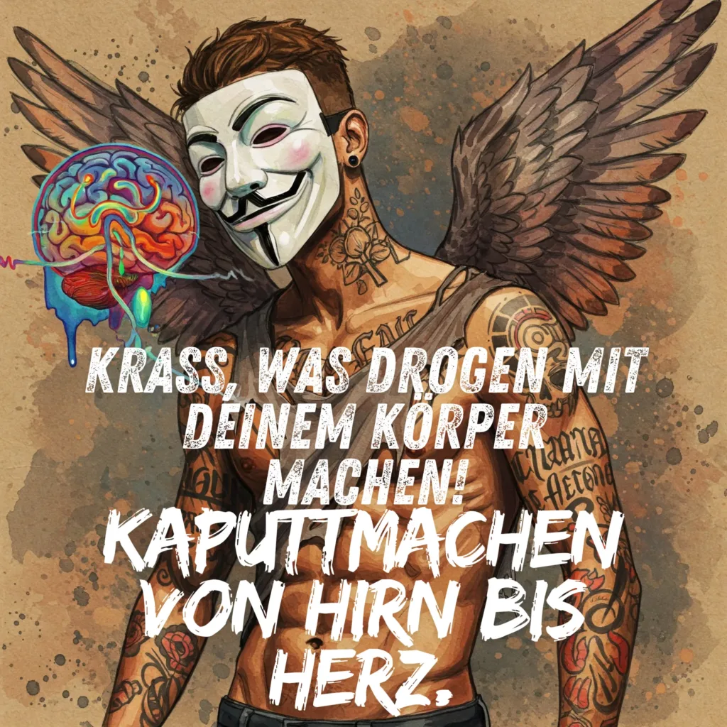 Empfehlung: Eine stilisierte Grafik, die zeigt, wie Drogen ins Gehirn eingreifen (z.B. Gehirn-Silhouette mit "Störsignalen"). Keine abschreckenden Bilder, eher informativ-abstrakt.