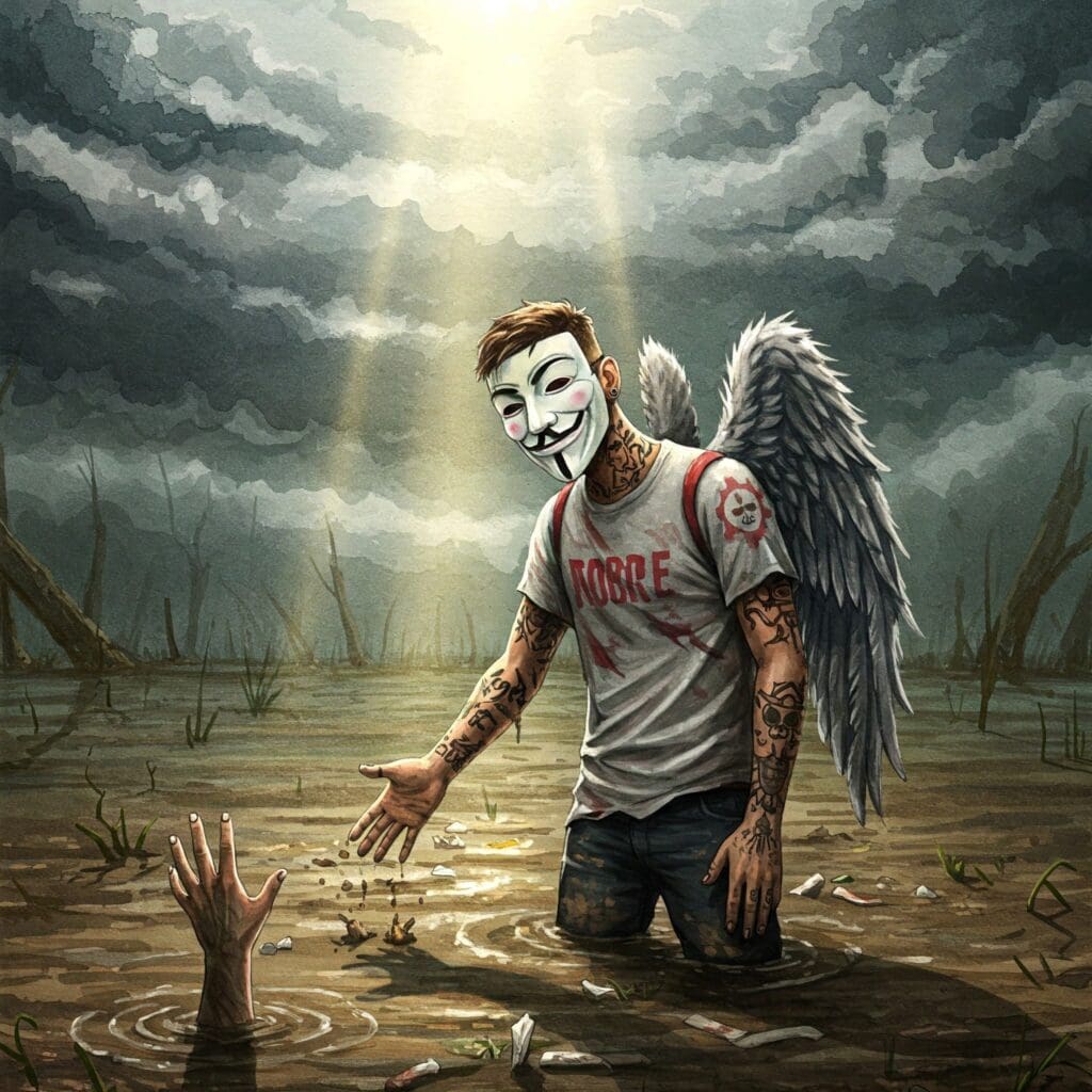 Ein symbolisches Bild. Ein einzelner Lichtstrahl, der durch dunkle Wolken bricht, oder eine Hand, die sich aus Schlamm/Wasser nach oben streckt.

Keywords: Hoffnung, Ausweg, Drogensumpf, Lichtblick, Hilfe, Ausweglosigkeit