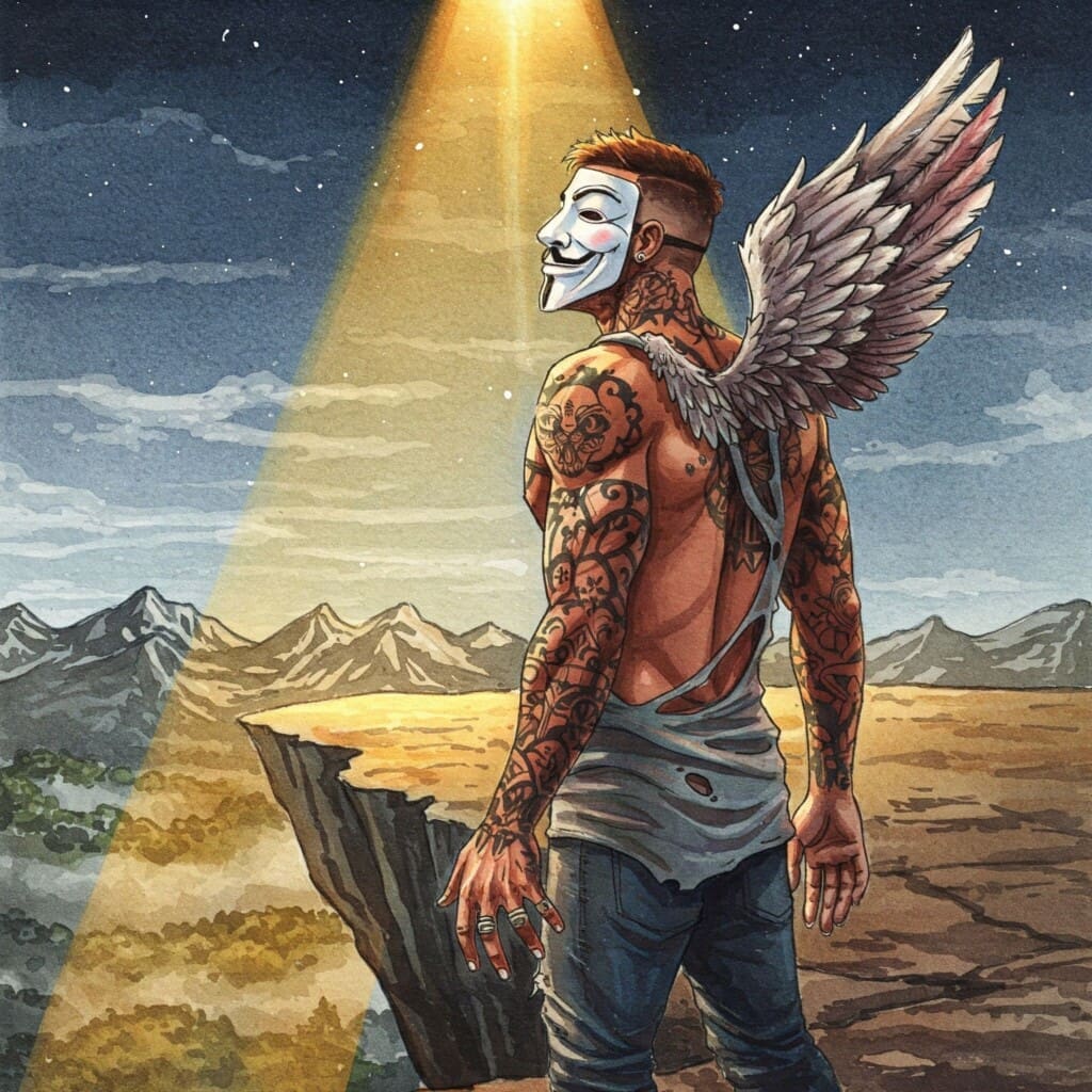 Bild in bunten lebendigen / realistischen Watercolor Farben. Ein sportlicher Mann mit Anonymous Maske. Er ist tätowiert,  hat schwarze und weiße lackierte Fingernägel und einen zerfranztes Hemd und Engelsflügel auf dem Rücken.  Ein Bild, das Ziel und Zukunft symbolisiert. Ein Mensch, der auf einem Berg steht und in die Ferne blickt, ein Weg, der in eine sonnige Landschaft führt, oder eine Pflanze, die aus trockenem Boden wächst.

Keywords: Zukunft, Neuanfang, Freiheit, Leben ohne Drogen, Ziel erreichen, Perspektive, Vorbilder