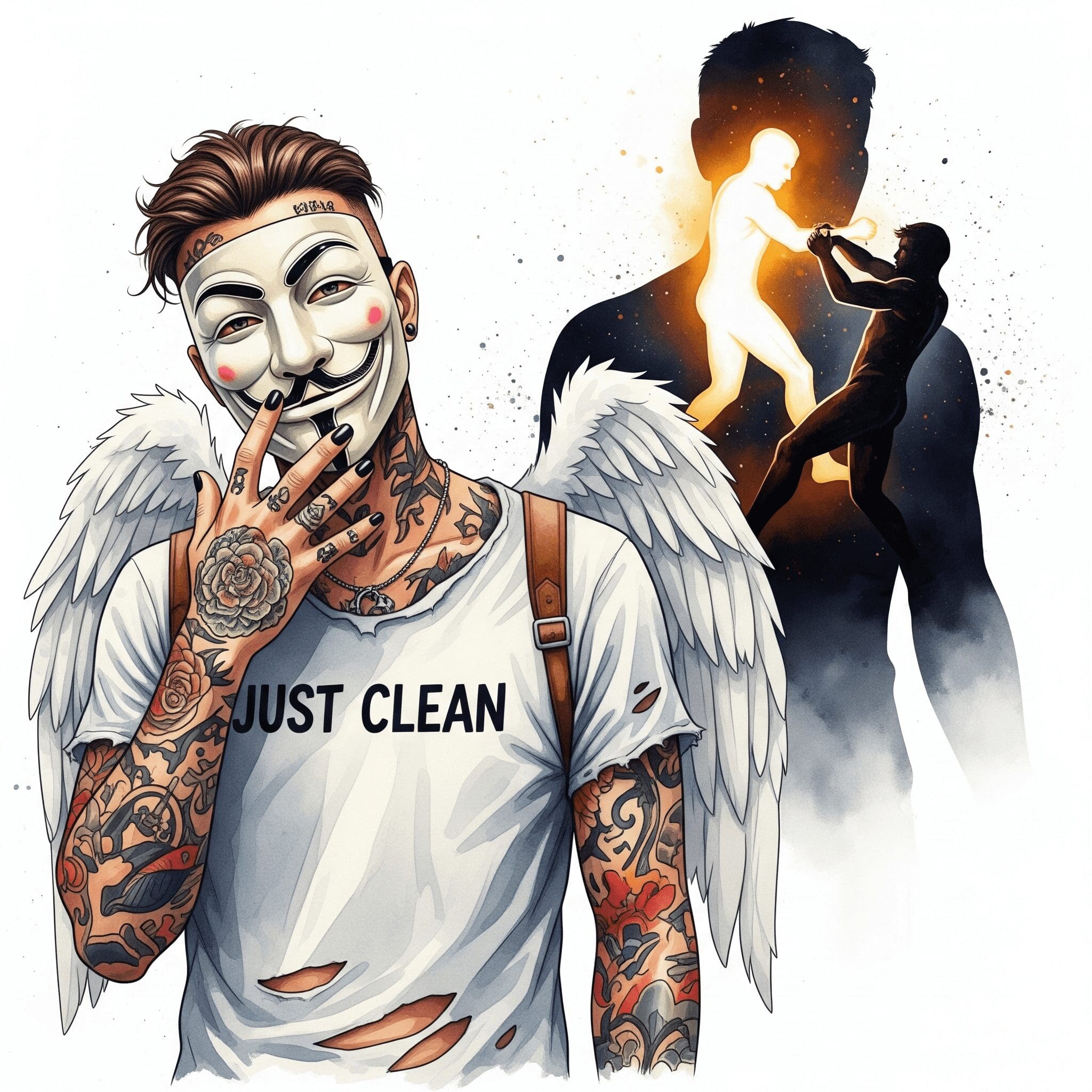 Eine Grafik von zwei Figuren, die in einer menschlichen Silhouette miteinander ringen oder kämpfen. Eine Figur ist hell und leuchtend, die andere dunkel und schattenhaft. Symbolisiert den inneren Krieg. "innerer Kampf Sucht", "Krieg im Kopf", "Recovery Prozess"