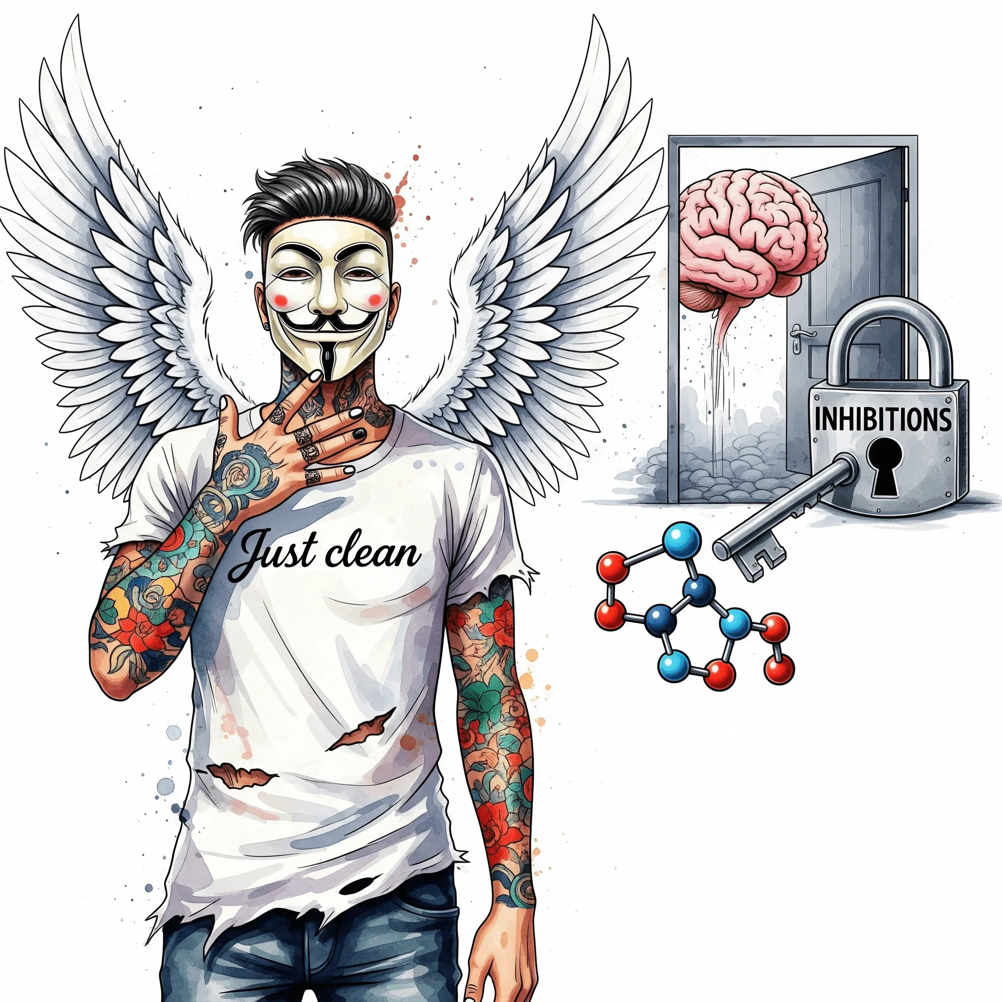 Eine stilisierte Grafik eines Gehirns. Darin ist eine Tür mit einem großen Schloss und der Aufschrift "HEMMUNGEN". Ein Molekül (Droge) fliegt als Schlüssel auf das Schloss zu. Symbolisiert die enthemmende Wirkung. "Wirkung von Drogen", "Enthemmung durch Alkohol", "sexuelle Neugier"