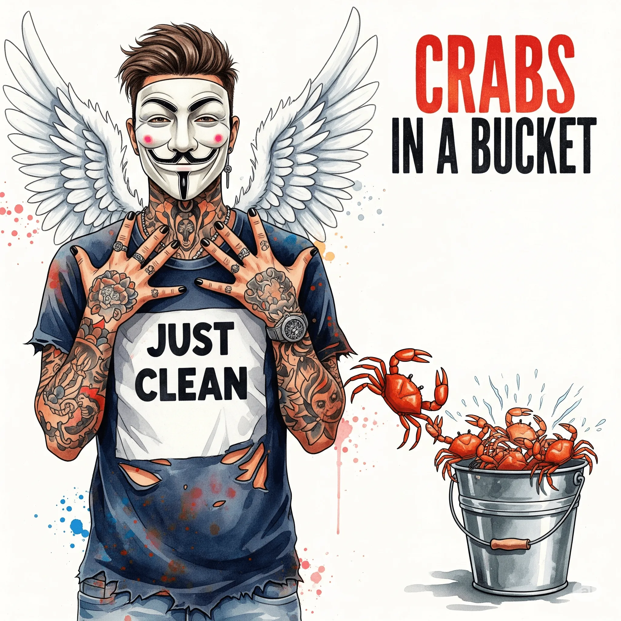 Eine stilisierte Grafik eines Eimers voller Krabben ("Crabs in a Bucket"). Eine Krabbe ist kurz davor, aus dem Eimer zu klettern, wird aber von den anderen wieder nach unten gezogen. Symbolisiert die negative Gruppendynamik. "negative Gruppendynamik", "sich runterziehen lassen", "falsche Freunde"