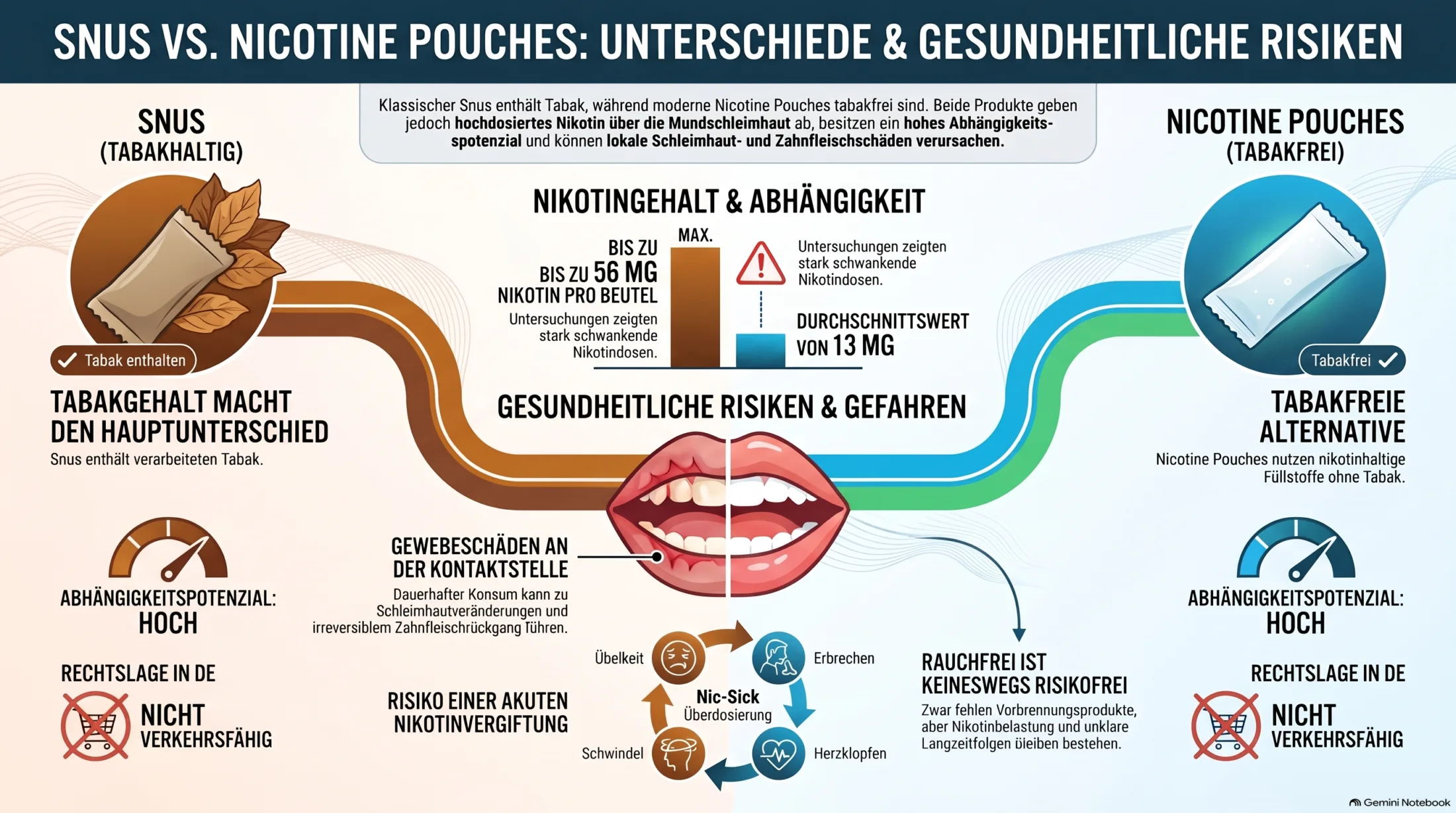 Snus vs. Nicotine Pouches: Unterschiede bei Tabak, Nikotin, Zahnfleisch, Abhängigkeit und Risiken