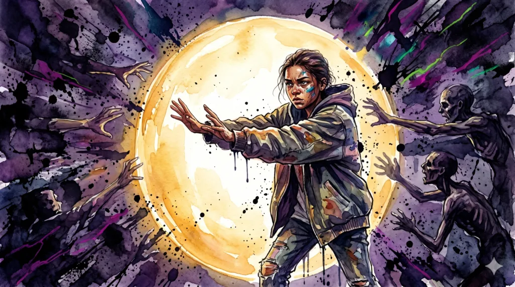 Eine Person erschafft ein leuchtendes, goldenes Schutzschild um sich herum, um das chaotische, toxische Chaos aus dunklen Farben und Händen abzuwehren. Symbol für das Beenden von Enabling.