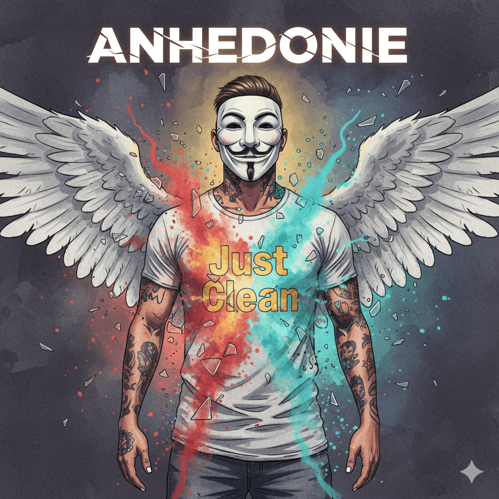 itelbild zum Thema Anhedonie (emotionale Taubheit) mit der NeelixberliN-Figur (Anonymous-Maske, Engelsflügel, "Just Clean"-Shirt). Der graue Körper der Figur bricht auf, während intensive Farben herausströmen, was die Rückkehr der Emotionen in der Recovery symbolisiert. Oben steht der Titel "ANHEDONIE".