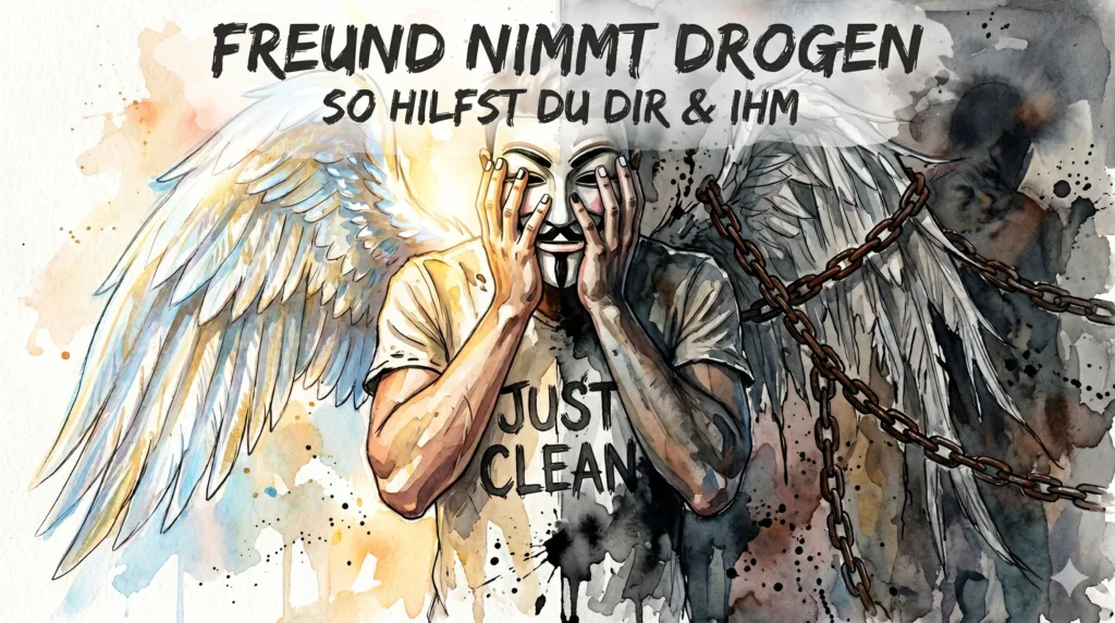 Die NeelixberliN Marken-Figur (Guy Fawkes Maske, Engelsflügel, Just Clean Shirt) steht zerrissen. Eine Seite ist strahlend weiß, die andere Seite verfällt und wird von Ketten aus der Dunkelheit (der Sucht des Partners) festgehalten.