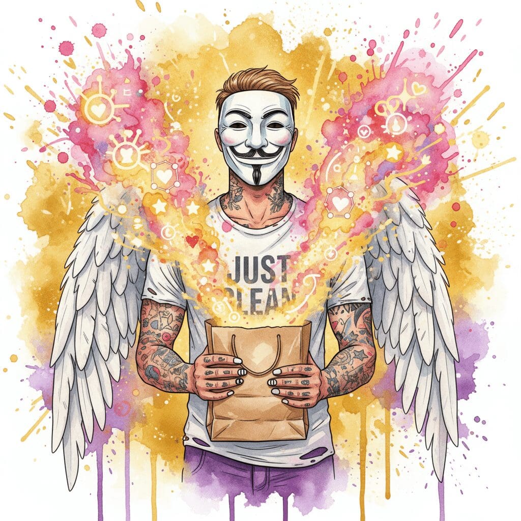 NeelixberliN-Figur mit Anonymous-Maske und Engelsflügeln erlebt einen Dopamin-Kick aus einer Einkaufstüte, Symbol für Kaufsucht.