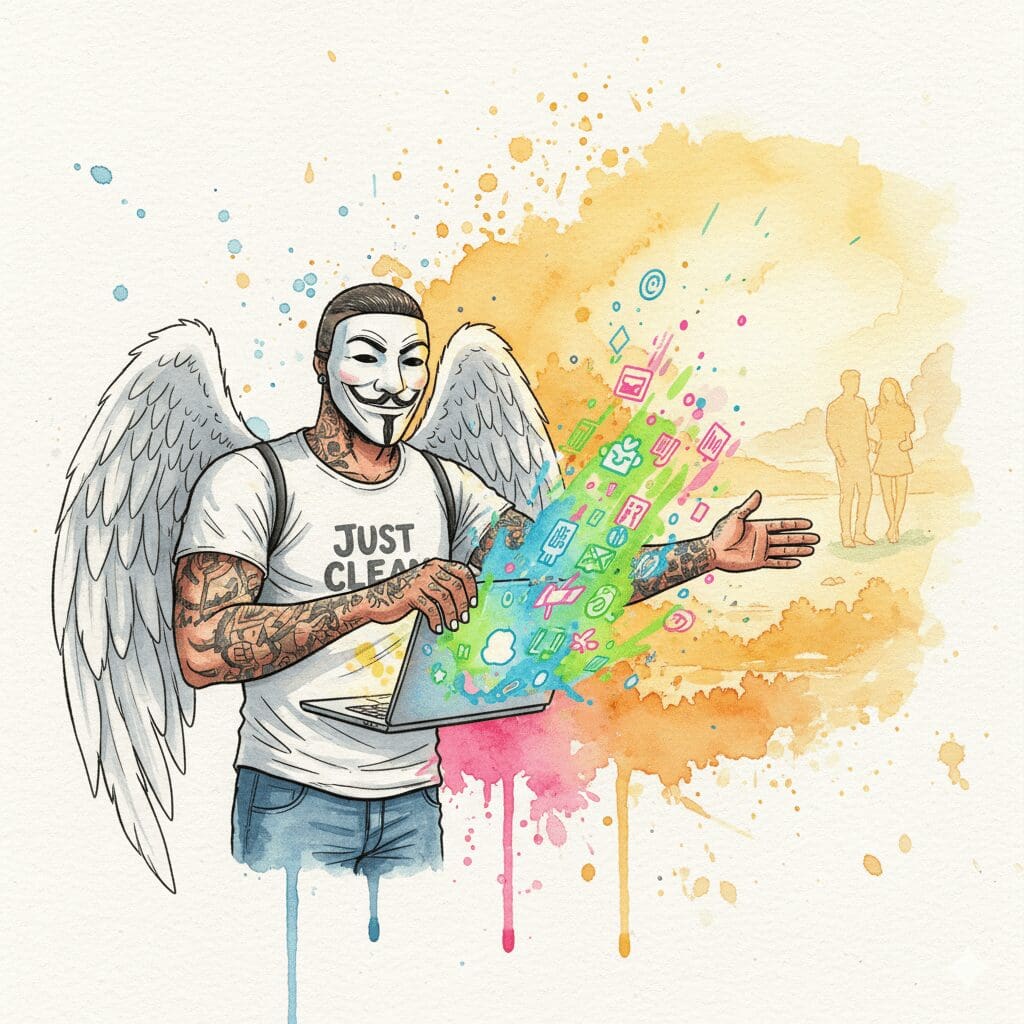 NeelixberliN-Figur mit Anonymous-Maske schließt einen Laptop, um sich von der Pornosucht zu befreien und sich der realen Welt zuzuwenden.