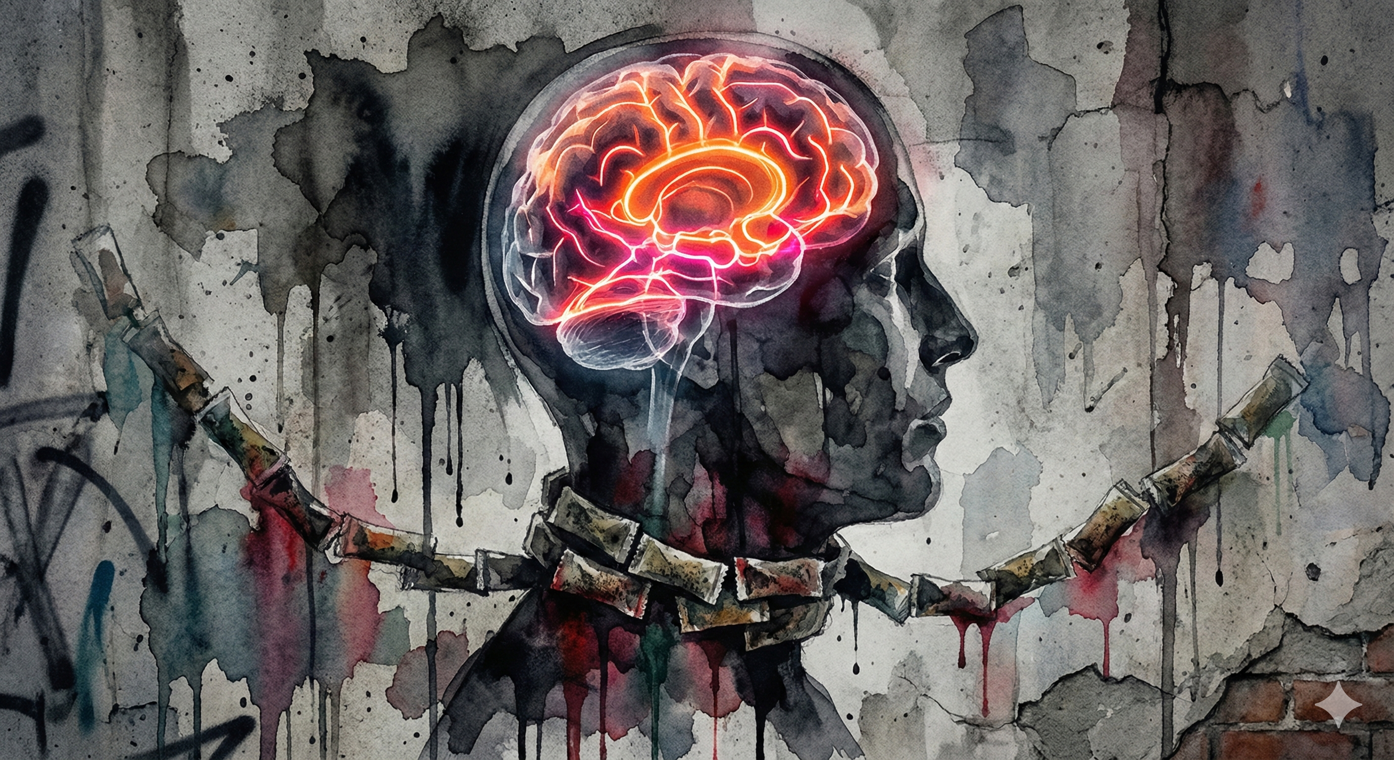 Künstlerische Darstellung der Nikotinabhängigkeit durch Snus, symbolisiert durch Fesseln am Gehirn.