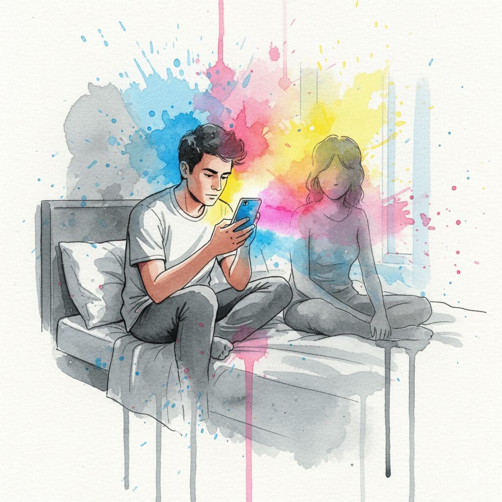 Symbolische Darstellung, wie Pornosucht die Wahrnehmung für echte Intimität abstumpfen lässt und Beziehungen zerstört.