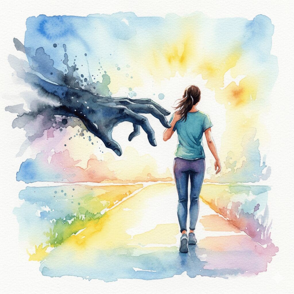 Eine Person schüttelt eine geisterhafte Hand der Vergangenheit ab, als Symbol für das Loslassen von alten Drogen-Geschichten in der Recovery.