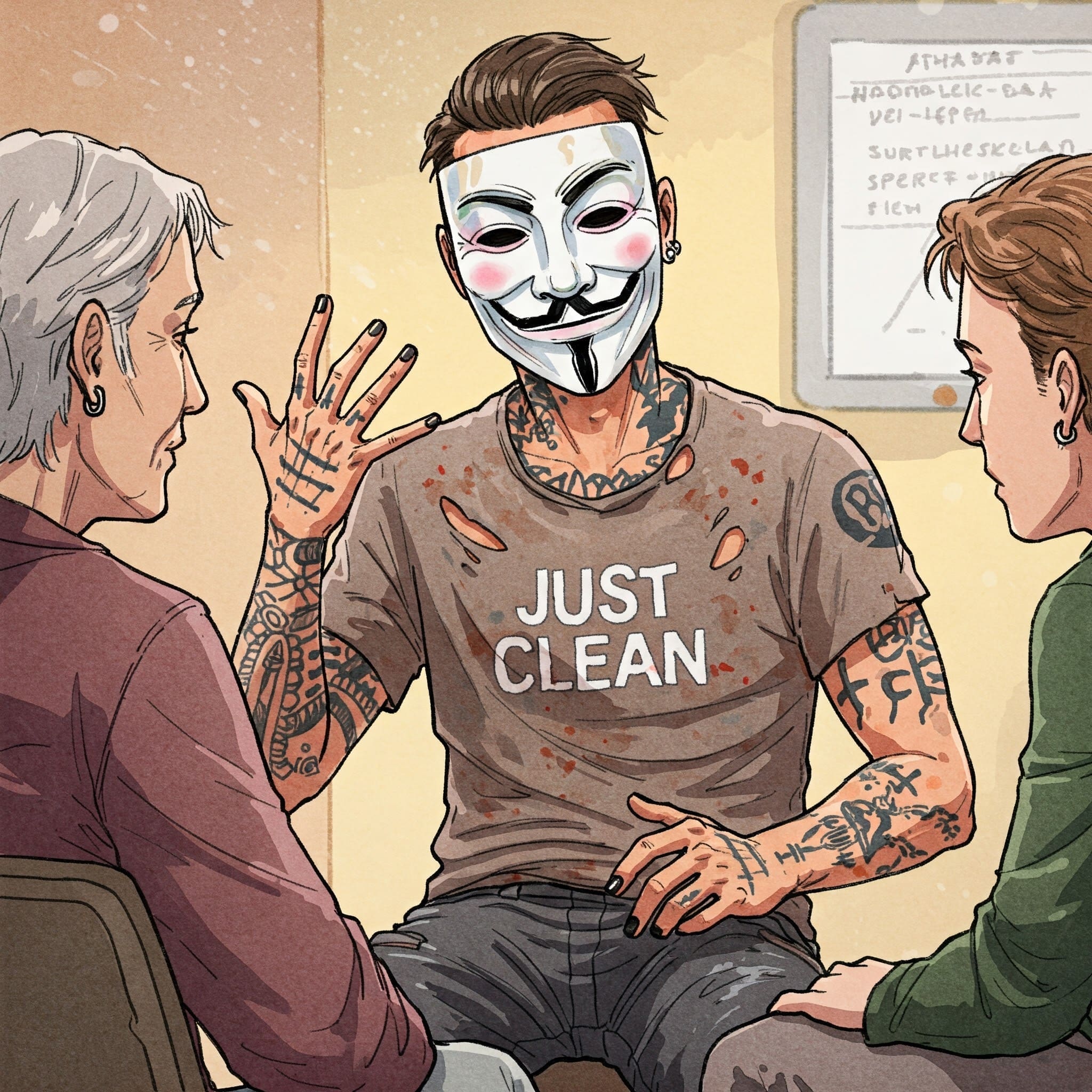 Zwei Personen (eine älter, eine jünger) sitzen sich gegenüber und sprechen vertrauensvoll miteinander (Therapiesetting angedeutet) ODER eine Hand, die einer anderen Hand Hilfe anbietet. Keywords: Therapie Vertrauen, Hilfe Suchen, Ehrlichkeit Stärke, Suchtberatung Gespräch