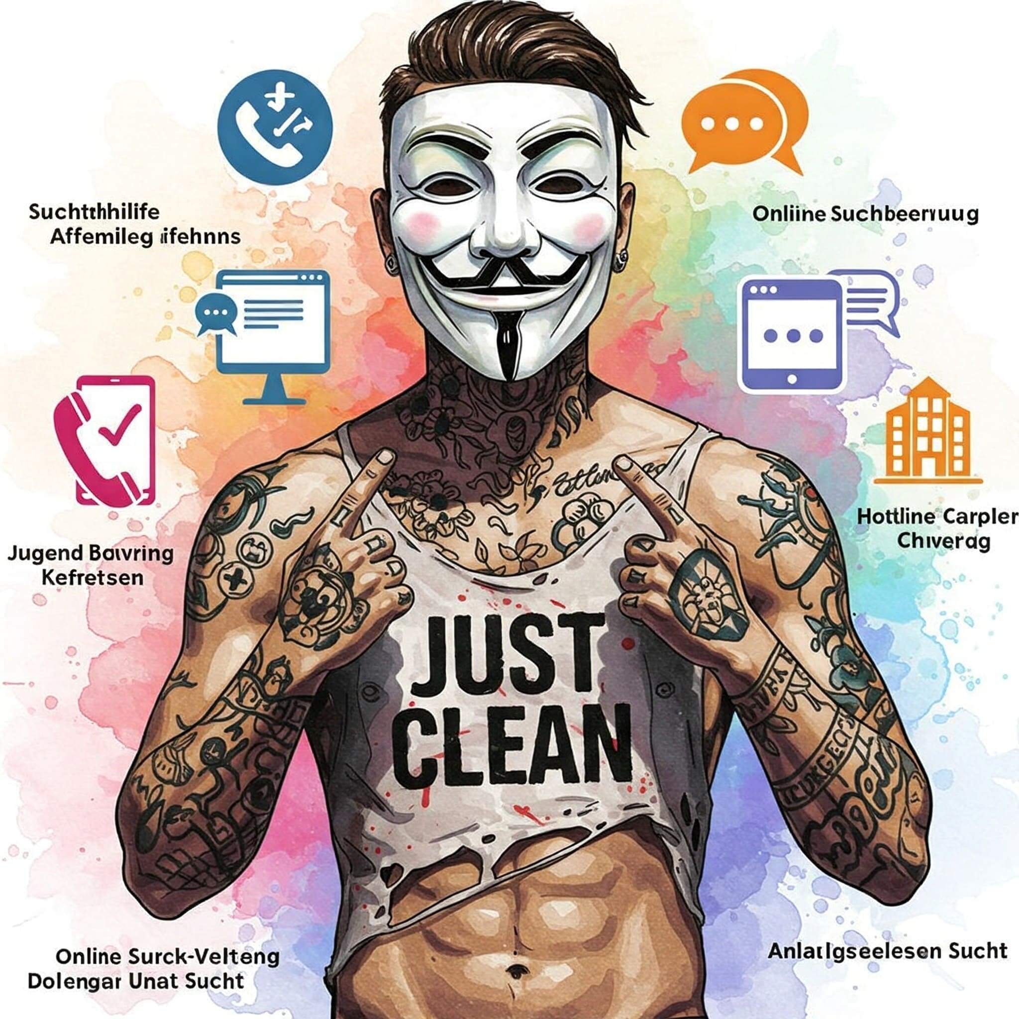 Mehrere Icons, die verschiedene Hilfsangebote darstellen (Telefon, Computer/Chat, Sprechblase, Haus für Beratungsstelle). Keywords: Suchthilfe Angebote, Jugendberatung, Online Suchtberatung, Hotline Hilfe, Anlaufstellen Sucht