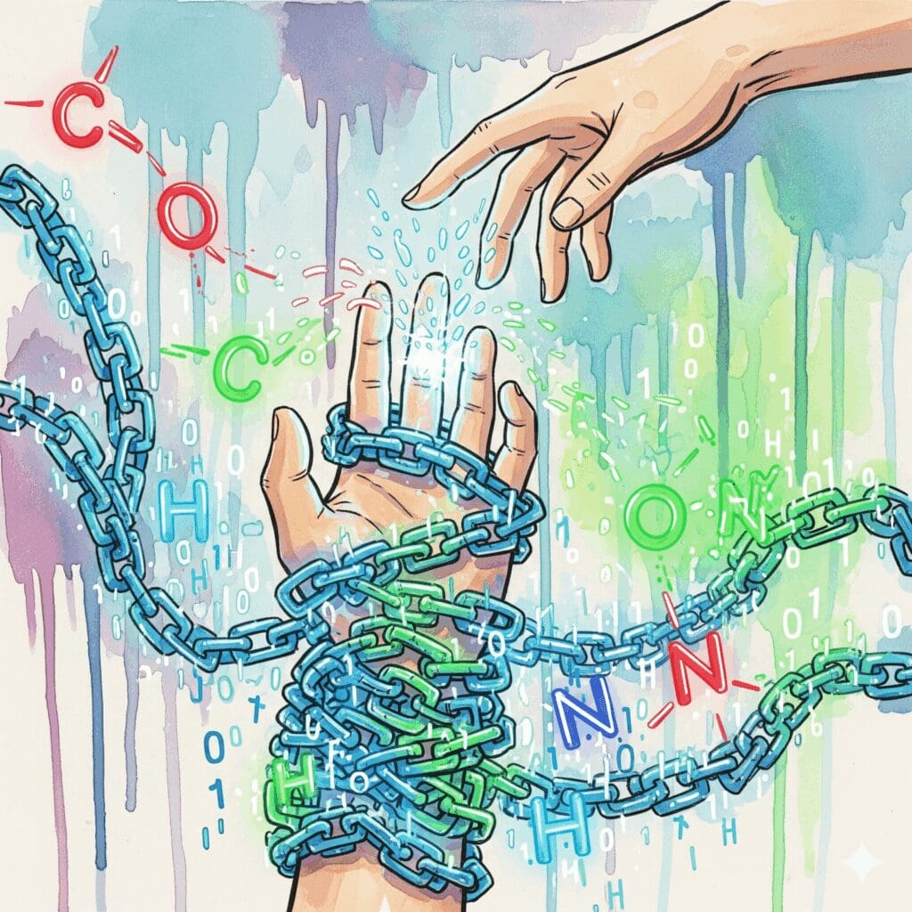Symbolische Darstellung von Hilfe und Recovery bei Selbstverletzung, bei der eine helfende Hand die Ketten des Zwangs löst.
