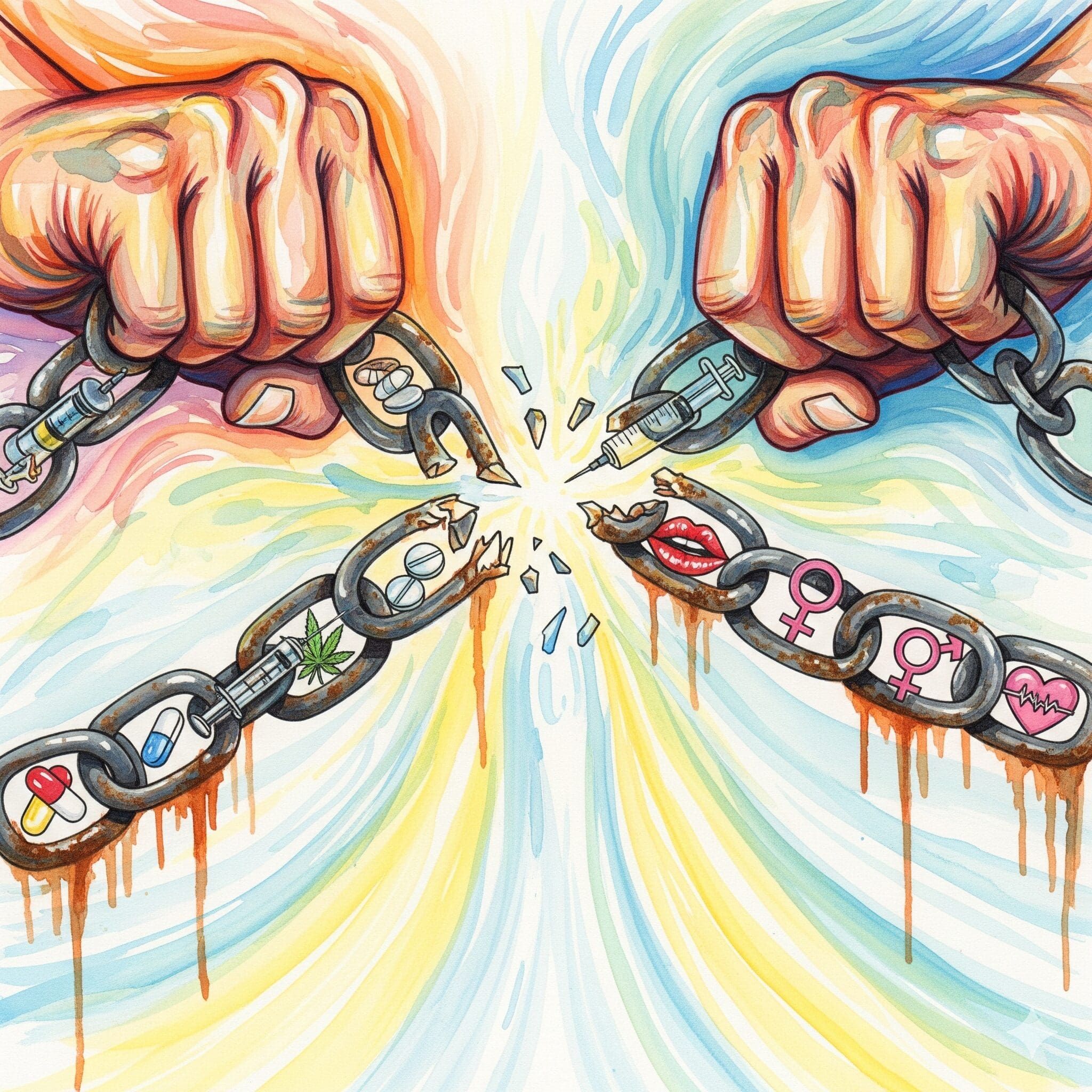 Hände, die eine Kette aus Drogen- und Sex-Symbolen sprengen, als Symbol für die Befreiung aus der Spirale von transaktionalem Sex und Sucht.