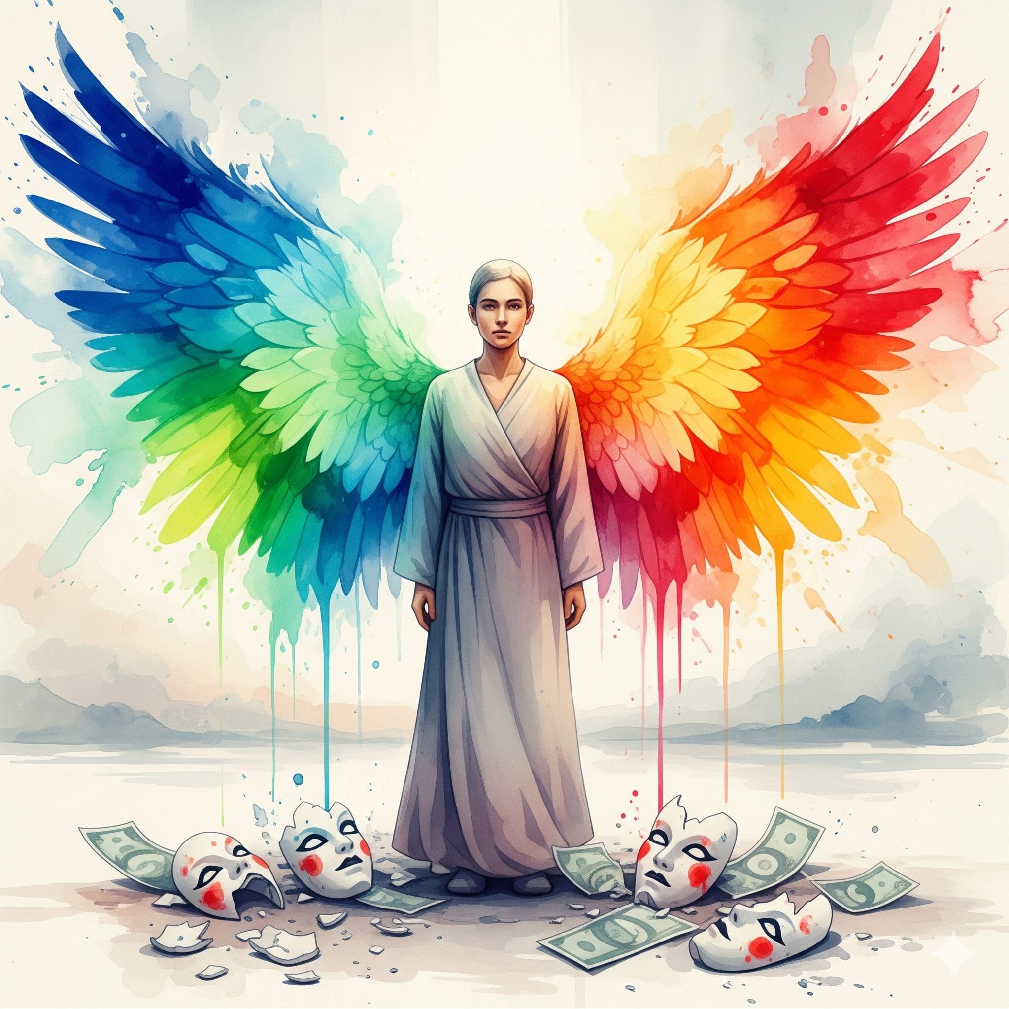 Eine Person, der Flügel wachsen, während zerbrochene Masken und Geldscheine am Boden liegen, als Symbol für die Rückeroberung des Selbstwerts nach transaktionalem Sex.

Bildunterschrift: Deine Vergangenheit definiert nicht deinen Wert. Heilung bedeutet, zu erkennen, dass deine Seele und dein Körper unverkäuflich sind, und dir deine Flügel zurückzuerobern.