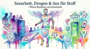 Symbolbild zu Sexarbeit, Drogenkonsum, Sex für Stoff, Konsens, Suchtdruck, Ausbeutung, Schutz und Harm Reduction mit NeelixberliN-Figur.