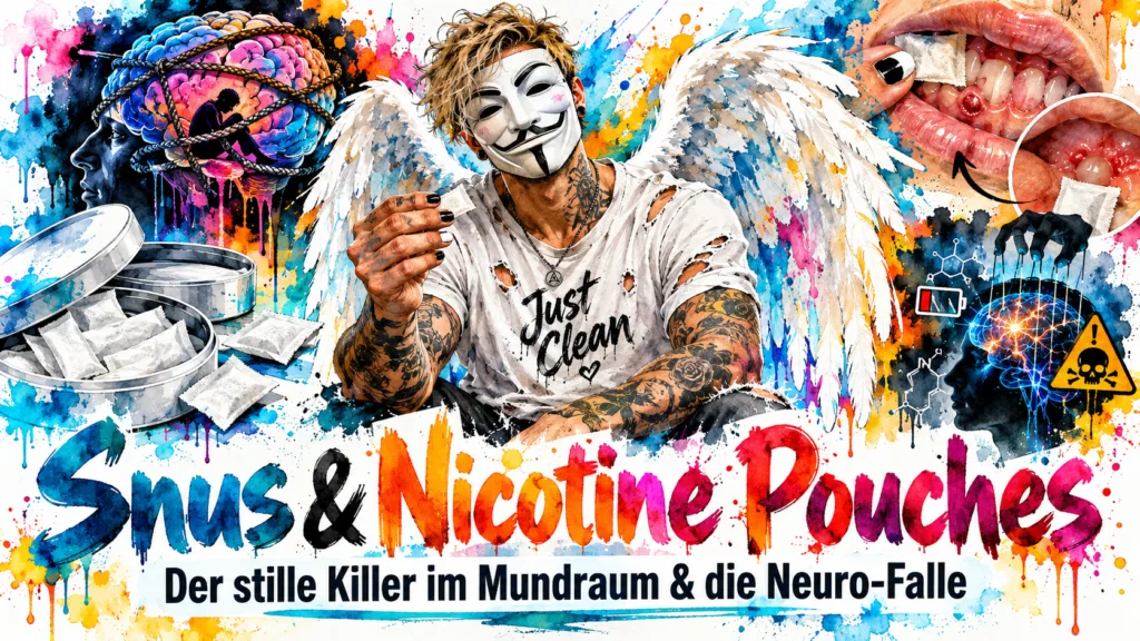Titelbild zu Snus und Nicotine Pouches mit Zahnfleischschäden, Nikotinabhängigkeit, Vergiftungsrisiken und Anonym-Suchthilfe-Markenfigur.